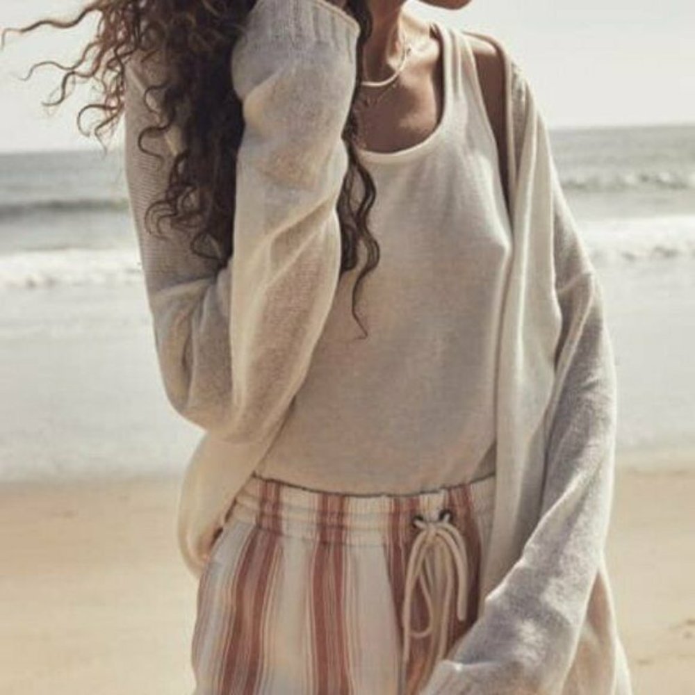 Faherty Soft Cream Knit Cardigan with Tank and Striped Drawstring Pants